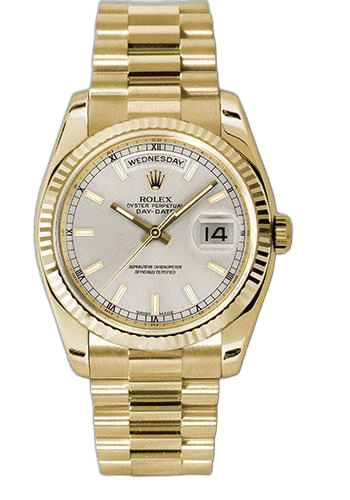 Rolex Day-Date 36 Yellow Gold — Silver Index Dial, Fluted Bezel | Ref. 118238