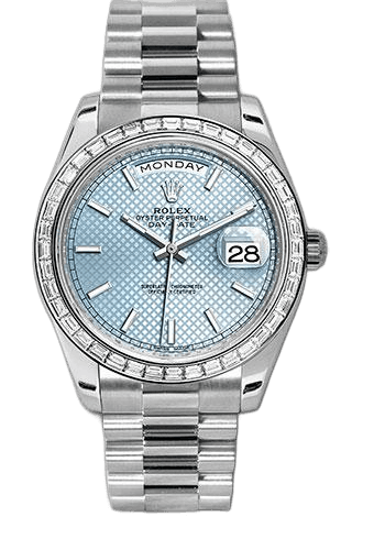 Rolex Day-Date 40 Platinum — Ice Blue Diagonal Motif Dial with Baguette Diamond Bezel | Ref. 228396TBR