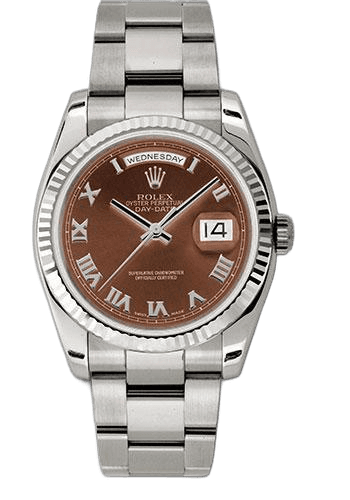Rolex Day-Date 36 White Gold — Havana Brown Roman Dial, Fluted Bezel | Ref. 118239