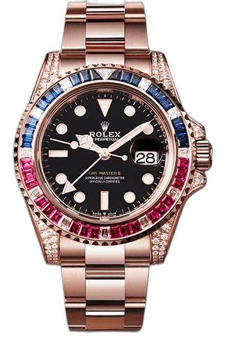Rolex GMT-Master II Everose Gold — Diamond & Sapphire-Emerald Bezel, Black Dial | Ref. 126755SARU