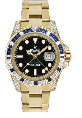 Rolex GMT-Master II Yellow Gold — Diamond and Blue Sapphire Bezel Black Dial | Ref. 116758SA