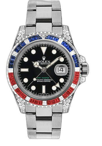 Rolex GMT-Master II White Gold — Sapphire Ruby Diamond Bezel Black Dial | Ref. 116759SARU