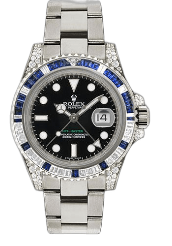 Rolex GMT-Master II White Gold — Diamond & Blue Sapphire Bezel, Black Dial | Ref. 116759SA