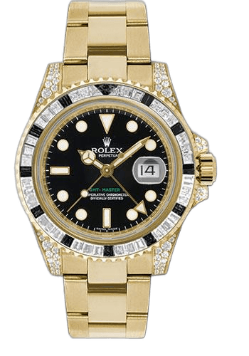 Rolex GMT-Master II Yellow Gold — Black Dial, Diamond & Black Sapphire Bezel | Ref. 116758SANR