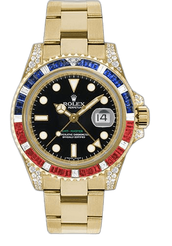 Rolex GMT-Master II Yellow Gold — Black Dial with Sapphire, Ruby & Diamond Bezel | Ref. 116758SARU