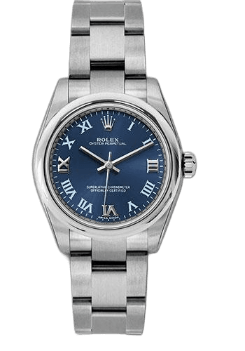 Rolex Oyster Perpetual Steel — Azzurro Blue Dial with Gold Roman Numerals | Ref. 177200