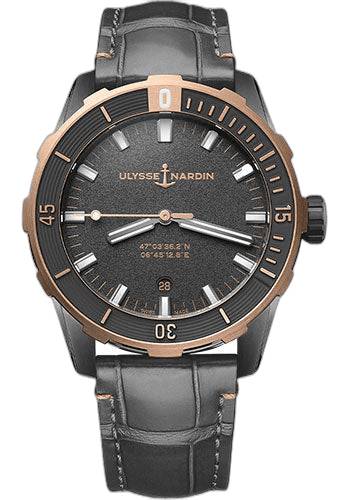 Ulysse Nardin Diver 42mm Steel and Rose Gold Case - Grey Dial - Dark Grey Leather Strap Timepiece